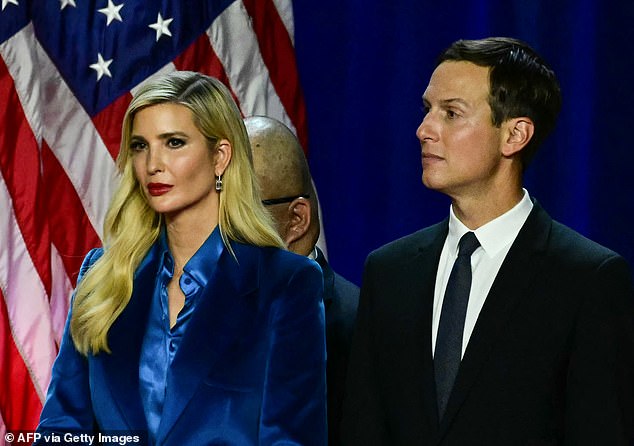 Ivanka (pictured with her husband Jared Kushner) took the stage with her father, but was relegated to the far corner after sitting out much of the campaign this time