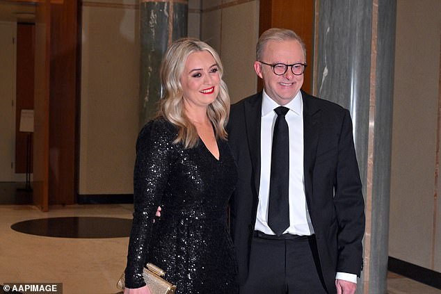 Mr Albanese (pictured with fiancée Jodie Haydon) reaffirmed his government's commitment to maintaining a strong relationship between Australia and the United States