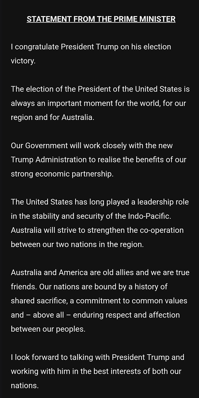 The statement shows (photo) that the government looks forward to working closely with the new Trump administration