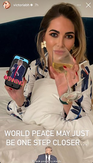 During the night, Victoria Baker-Harber shared a selfie of herself in bed, drinking wine, with the words 