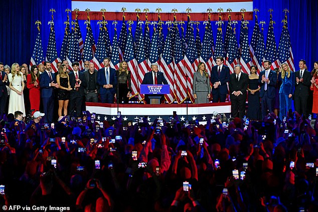 Trump was joined on stage by family — including daughter Ivanka and son-in-law Jared Kushner who had been absent from the campaign — aides and political supporters