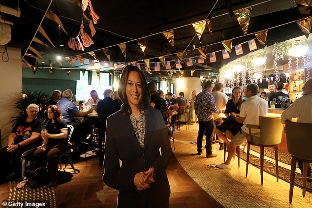 A cardboard cutout of Democratic presidential candidate, US Vice President Kamala Harris, is seen as people gather to watch live coverage of the US election at the Kent Street Hotel