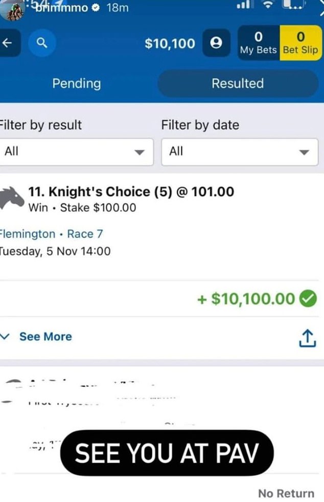 The slip showed the account owner had won a $10,100 bet on the Melbourne Cup