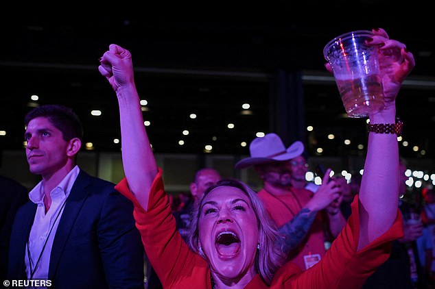 An attendee reacts to the early election results at the night watch party of Republican presidential candidate and former US President Donald Trump