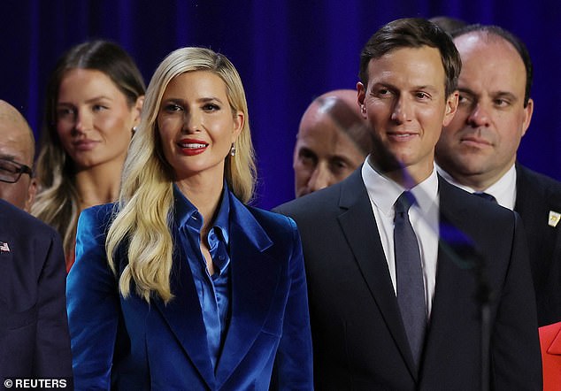 Trump was joined on stage by his family, including daughter Ivanka (pictured left) and son-in-law Jared Kushner (pictured right)