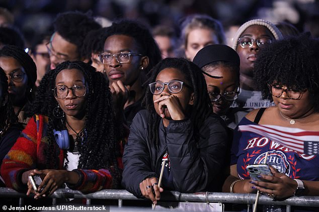 Spectators watch the election results as they await the arrival of Democratic presidential candidate and Vice President of the United States, Kamala Harris