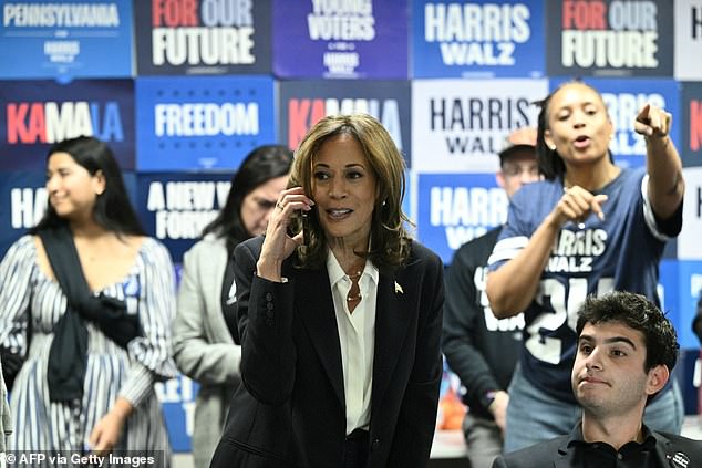 U.S. Vice President and Democratic presidential candidate Kamala Harris participates in a phone bank at the Democratic National Committee headquarters in Washington, D.C. on November 5, 2024