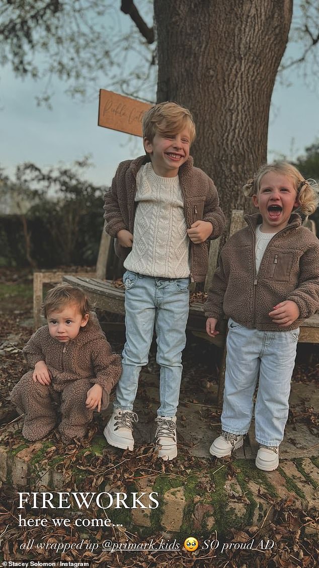 Stacey snapped an adorable photo of her and Joe's three children, Rex, four, Rose, two, and Belle, one, in matching teddy outfits