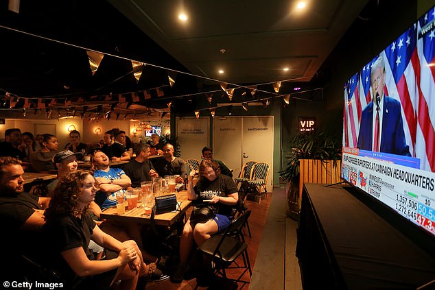 Trump told his supporters on Wednesday: 'Together we will unlock America's glorious destiny and achieve the most incredible future for our people' (photo, Sydney election livestream audience)