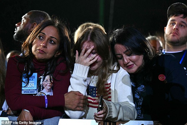 Supporters react to the election results during an election night event for U.S. Vice President and Democratic presidential candidate Kamala Harris at Howard University in Washington, D.C.