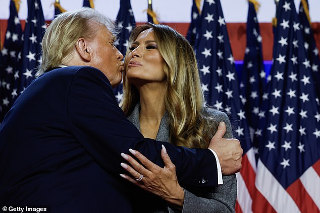 She shared a kiss with the 47th president-elect as he took the stage – after remaining largely invisible during the campaign