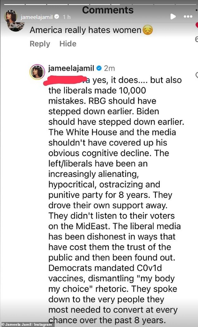 In response to a comment that read, “America really hates women,” Jameela wrote, “Yes, it does…but also the liberals have made 10,000 mistakes.”