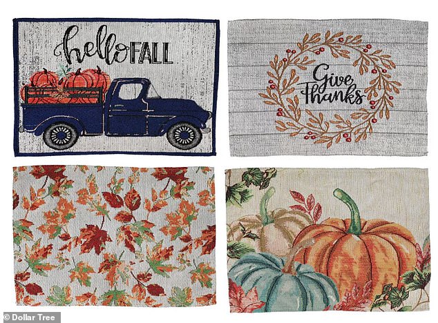 Dollar Tree sells fall-themed placemats for $1.25 each. They come in four designs, one of which is very similar to a placemat at Pottery Barn, which can be seen in the next photo