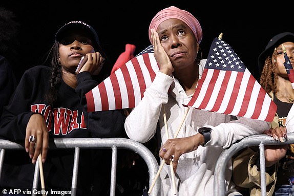 TOPSHOT - Supporters of U.S. Vice President and Democratic presidential candidate Kamala Harris react during an election night event at Howard University in Washington, DC, on November 5, 2024. (Photo by CHARLY TRIBALLEAU/AFP) (Photo by CHARLY TRIBALLEAU/AFP via Getty Images) 14047963