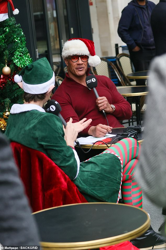 Kiernan was joined by her co-star Dwayne, who got into the Christmas spirit by wearing a Santa hat as he was interviewed by BBC Radio 1 presenter Greg James.