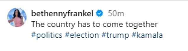 Bethenny Frankel has broken her silence on Donald Trump's victory in the presidential election and criticized Kamala Harris for 'associating with celebrities' during her campaign