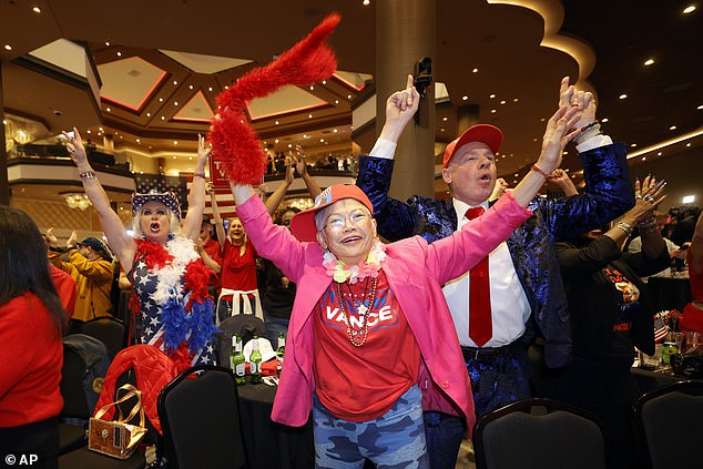 Supporters of former Republican presidential candidate Donald Trump, Stephanie Smith, left, Sandi Steinbeck, center, and Thomas Brewer, right, cheer during a GOP election watch party at the Ahern Hotel, Tuesday, Nov. 5, 2024, in Las Vegas