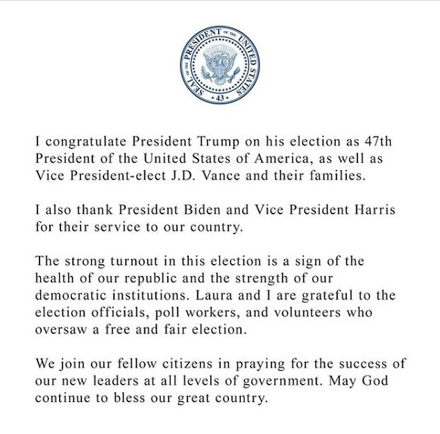 The former president congratulated Donald Trump and JD Vance on Instagram on their victory