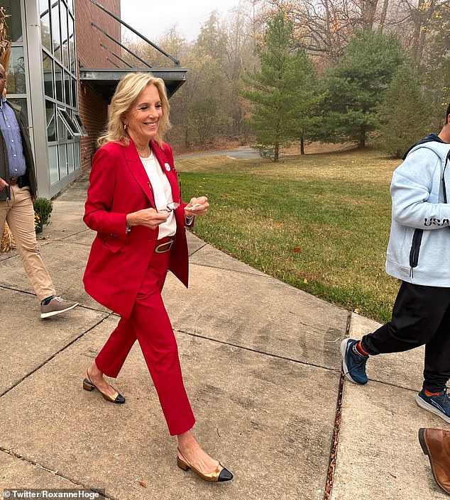 Jill Biden was spotted voting in a bright red pantsuit, leading some to jokingly wonder if she had turned around and voted for Donald Trump