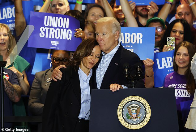 Trump defeated his Democratic rival Vice President Kamala Harris (pictured, embraced by current President of the United States Joe Biden) in key battleground states