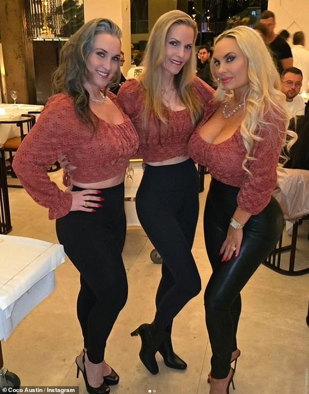 The wife of Law & Order: SVU actor Ice-T had her arms around her sister Kristy Marie Austin, 44 (far left), and her mother Tina Austin, 61 (center). The ladies had matching dusty pink crop tops that showed off their bellies. Strangely enough, the women all seem to be about the same age