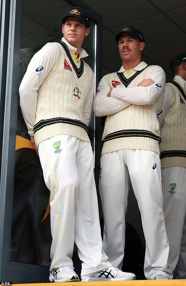 Warner (right) and Steve Smith (left) were banned after tampering with a ball during a match against South Africa in 2018