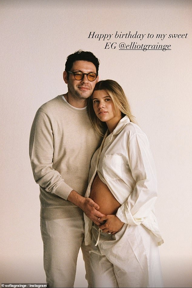 She also uploaded a throwback portrait of herself and Grainge during her pregnancy, writing above the photo: 'Happy 31st birthday to my sweet EG @elliotgrainge'