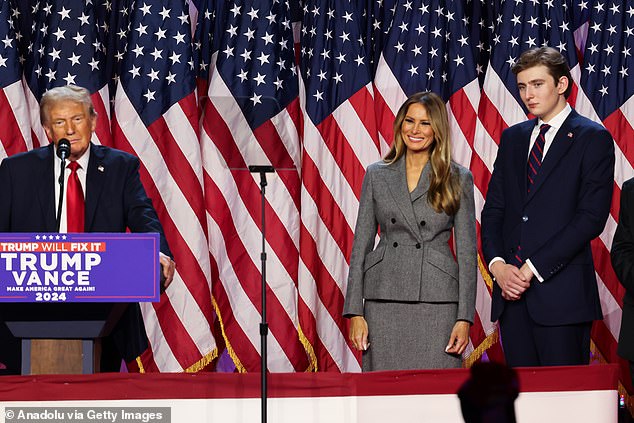 Barron Trump – seen above with parents Donald and Melania on election night – helped his father win over young male voters