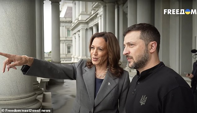 Kamala Harris (left) with Ukrainian President Volodymyr Zelensky (right) in September