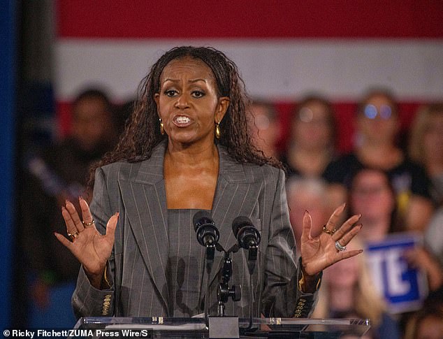 Former first lady Michelle Obama also appeared on Harris' campaign trail as she called for the election of America's first female president. Pictured: Michelle Obama campaigning in Norristown, Pennsylvania on November 2, just three days before the election