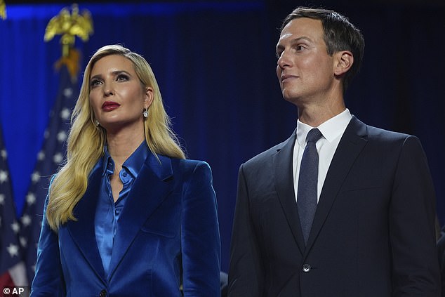 Ivanka, dressed in a glamorous blue velvet pantsuit, joined her entire family last night, as well as husband Jared, as her father gave a victory speech and accepted his victory in the combative race