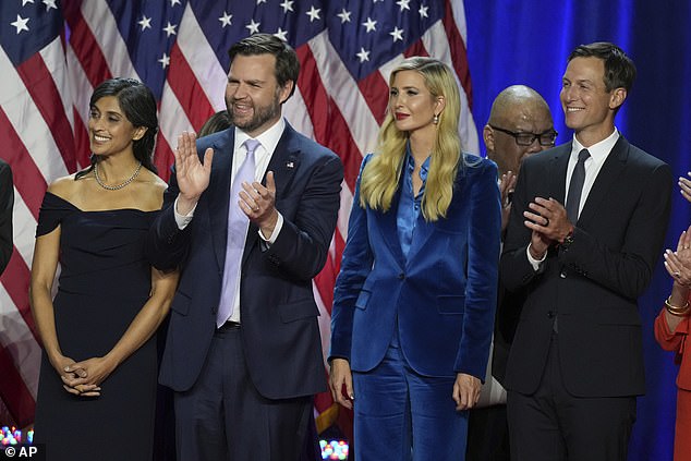 “While others clapped excitedly, we see Ivanka and Jared standing at attention with their arms extended at their sides.”