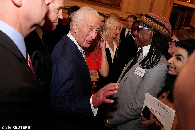 King Charles speaks with Nile Rogers during an international sustainability reception at Buckingham Palace in London, Great Britain, November 6, 2024