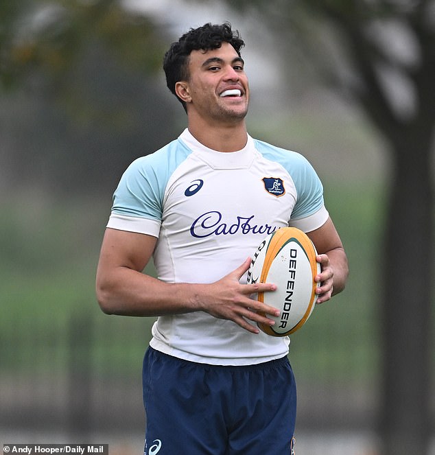 The 21-year-old (pictured training with the Wallabies in England this week) has been named in the starting squad at outside center