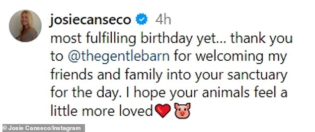 'The most fulfilling birthday yet? Thank you to @thegentlebarn for welcoming my friends and family to your sanctuary for the day. I hope your animals feel a little more loved,” she wrote