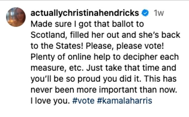 'Please, please vote!' she wrote, adding, “This has never been more important than it is right now. I love you. #vote #kamalaharris'