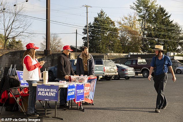 An Amish man walks past supporters of former U.S. President and Republican presidential candidate Donald Trump as he approaches a polling place at the Ronks Fire Department in Ronks, PA