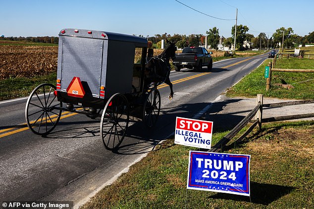 A horse-drawn Amish buggy passes signs that read "Stop illegal voting" And "Trump 2024" signs in Strasbourg, Pennsylvania