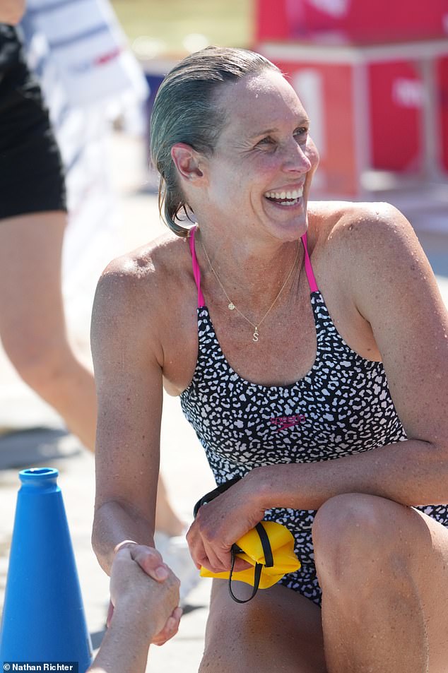 Looking every inch an Olympic champion, Susie showed off her fit figure in a black and white patterned Speedo bikini