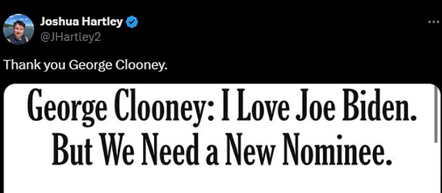 Journalist Joshua Hartley uploaded a screenshot of Clooney's op-ed and added: 'Thank you George Clooney'