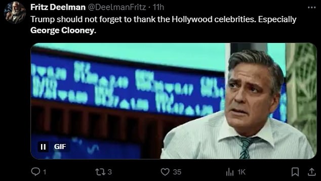 One X user wrote: 'Trump shouldn't forget to thank Hollywood celebrities. Especially George Clooney