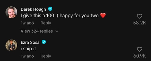 Some of their fellow DWTS stars commented on the video. Pro dancer Ezra Sosa wrote, “I'm shipping it. This is so cute.' Judge Derek Hough added: 