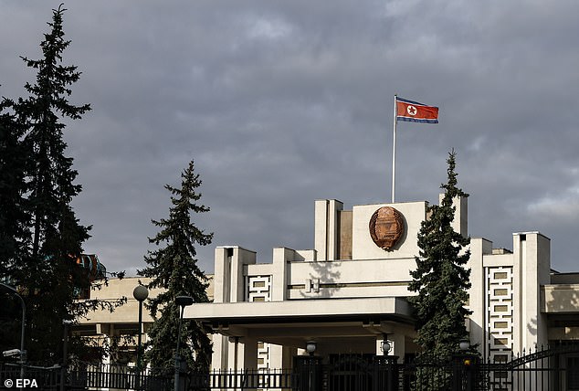 The national flag of the Democratic People's Republic of Korea (DPRK) flies on the embassy building in Moscow, Russia, October 30, 2024