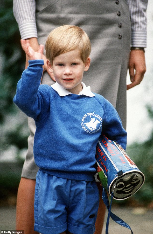 The young prince on his first day at nursery in Kensington in 1987. His hair is neatly combed to the side