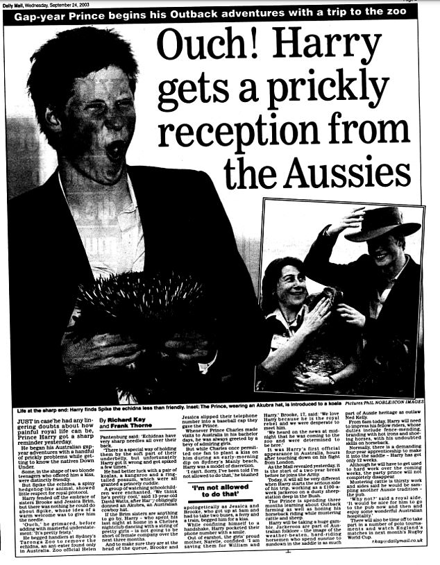 The Daily Mail's reporting of Prince Harry holding Spike, the spiny echidna, at Taronga Zoo in 2003