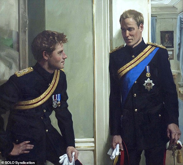 Artist Nicky Philipps' portrait of Harry and William chatting before a Trooping the Color ceremony, unveiled in 2010