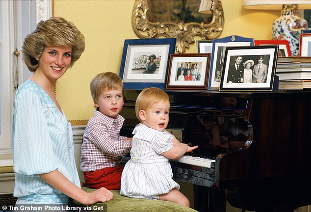 Princess Diana sat at a piano at Kensington Palace with her two sons in 1985