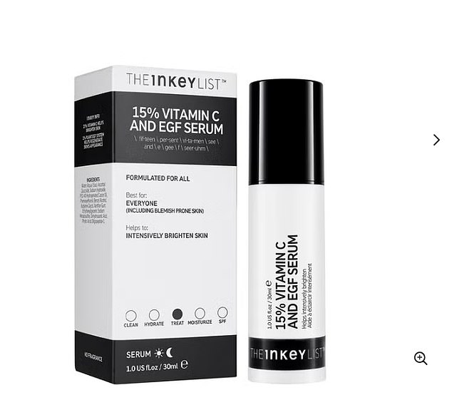 Another cheap option is The Inkey List 15% Vitamin C and EGF Serum, available in Boots, and costs £15 for 30ml