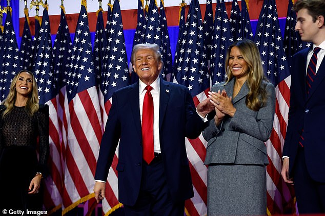 Donald Trump became the first president in more than 130 years to win a non-consecutive second term. (Image: Donald, wife Melania and their son Barron on stage in West Palm Beach as Trump delivered his victory speech on Tuesday evening)