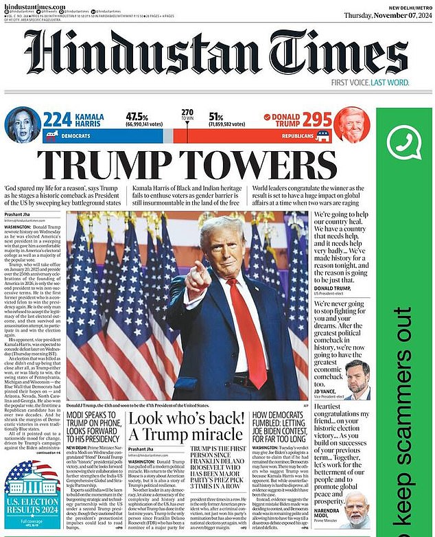 INDIA: The Hindustan Times headlined 'Trump Towers', with a second story calling it 'A Trump miracle'